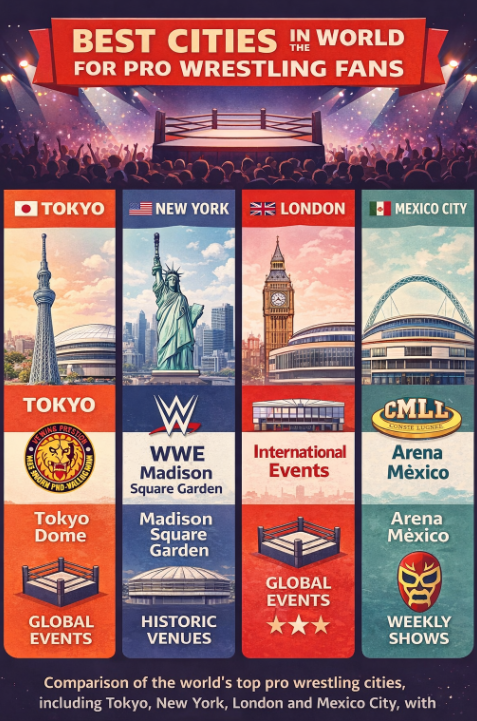 Best cities for pro wrestling fans infographic Infographic showing the best cities in the world for pro wrestling fans including Tokyo, New York, London and Mexico City with arenas and promotions