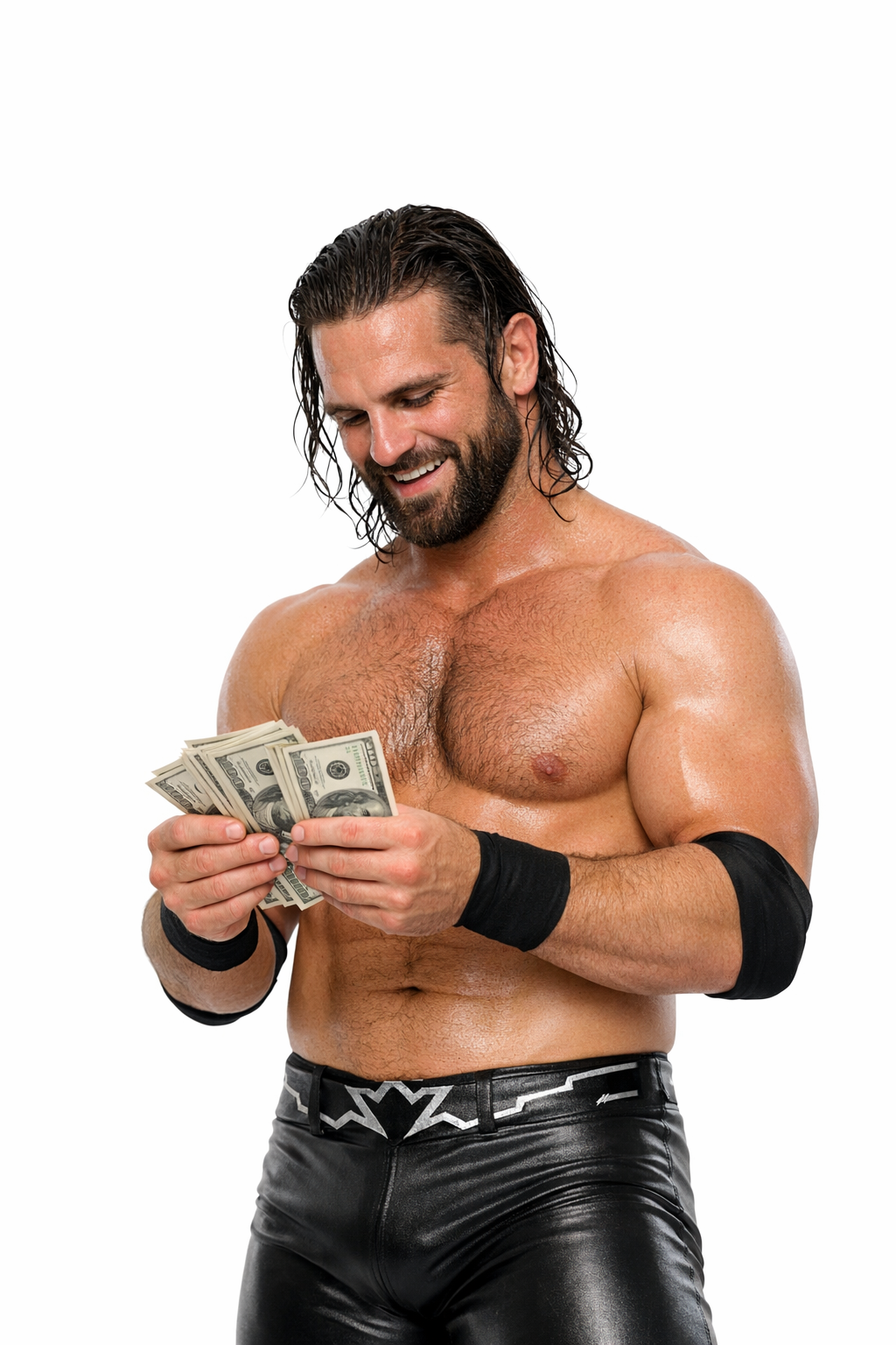 Professional wrestler counting US dollar banknotes symbolizing the pro wrestling business and how wrestling promotions earn money from media rights, live events and merchandise