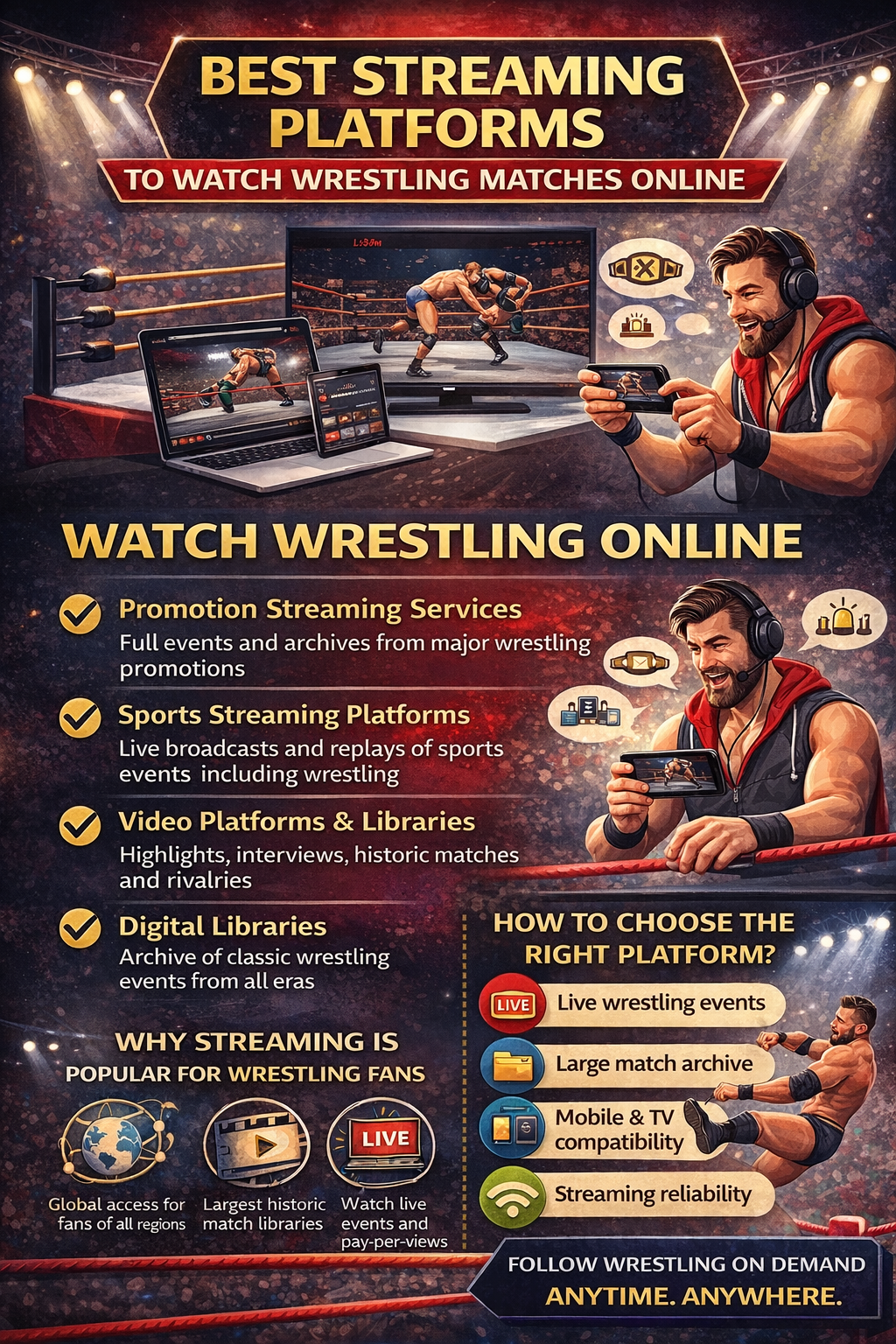 Best streaming platforms to watch wrestling matches online – infographic guide Infographic showing the best streaming platforms to watch wrestling matches online including promotion services sports streaming platforms and video libraries