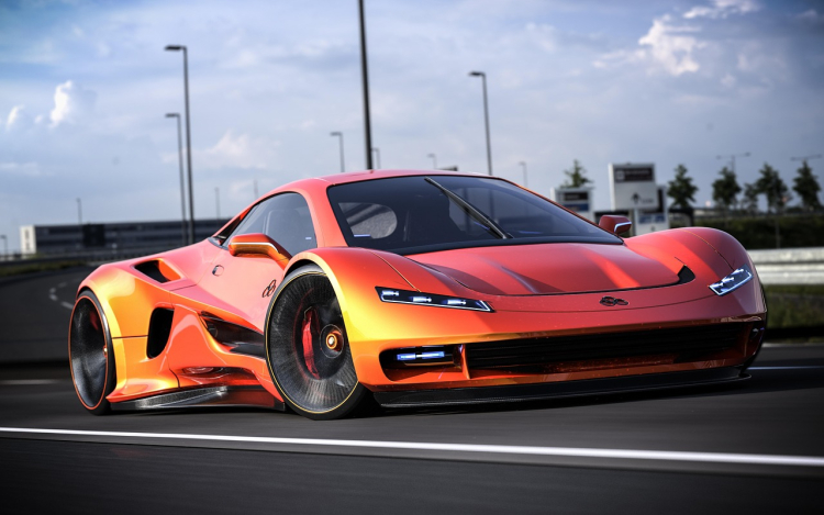 High performance hypercar driving on highway illustrating automotive travel to a major wrestling event in a big city